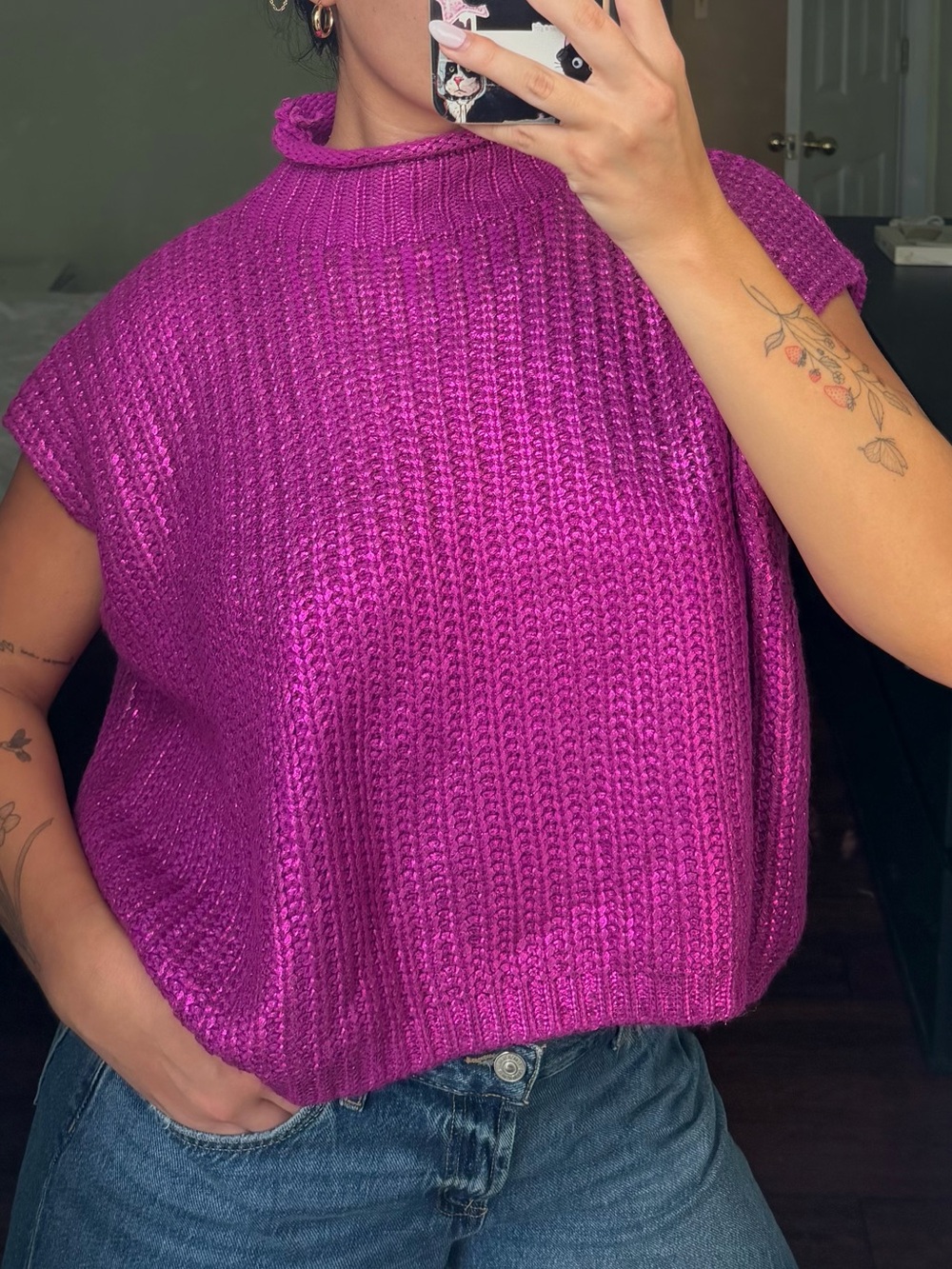 Womens Metallic Purple/Pink Chunky Mock Neck Sweater Vest - Magenta